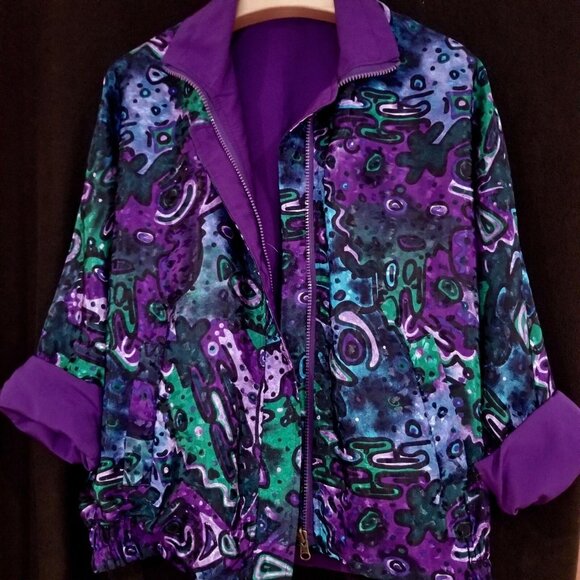 Vintage 90s Reversible Track Jacket Pant Suit Womens M Purple Geometric 3 Piece - Picture 4 of 12